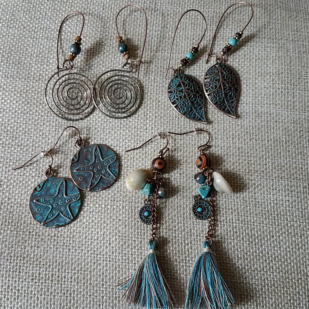 4 pairs boho dangling earrings teal and copper